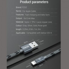 PZOZ MFI Καλώδιο Κορδόνι Συγχρονισμού Δεδομένων/Γρήγορης Φόρτισης για iPhone iPad (2.4A) (0.5m) (Μπλε)